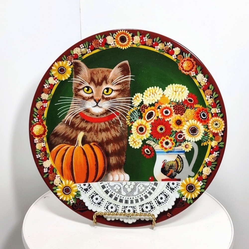 Vintage Plate Pumpkin Cat Holiday Fall Autumn Harvest 9.5" Germany Handcrafted